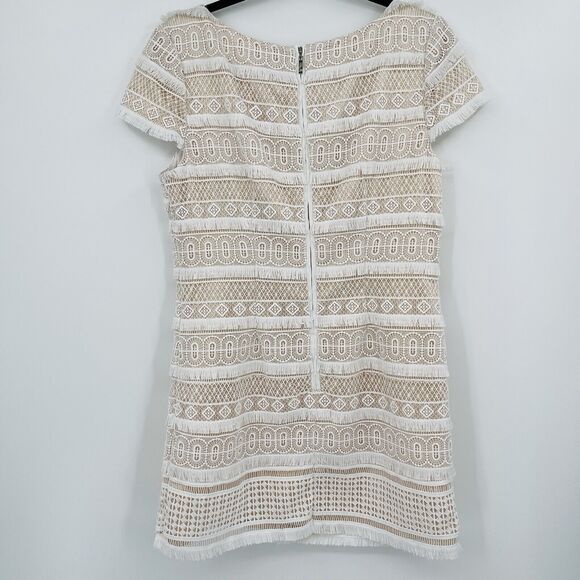 Eliza J Womens Dress Size 12 White Lace Overlay Fringe Cap Sleeve Shift Mini - Picture 6 of 12
